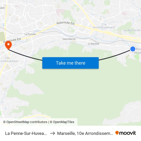 La Penne-Sur-Huveaune to Marseille, 10e Arrondissement map
