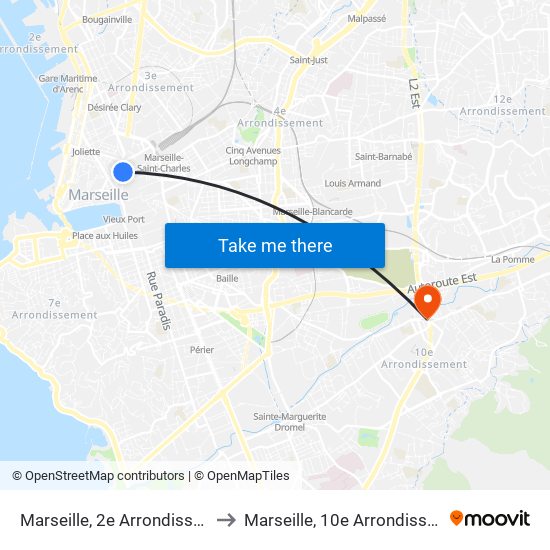 Marseille, 2e Arrondissement to Marseille, 10e Arrondissement map