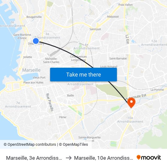 Marseille, 3e Arrondissement to Marseille, 10e Arrondissement map