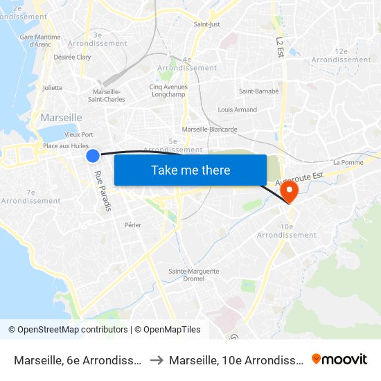 Marseille, 6e Arrondissement to Marseille, 10e Arrondissement map