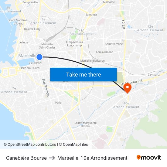 Canebière Bourse to Marseille, 10e Arrondissement map