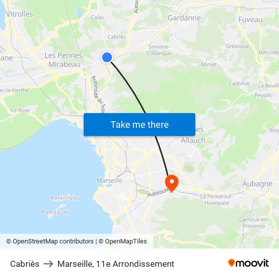 Cabriès to Marseille, 11e Arrondissement map