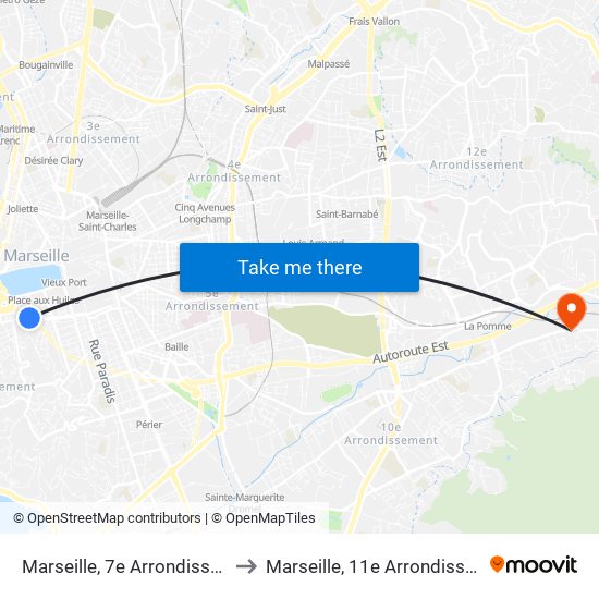 Marseille, 7e Arrondissement to Marseille, 11e Arrondissement map