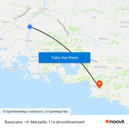 Beaucaire to Marseille, 11e Arrondissement map