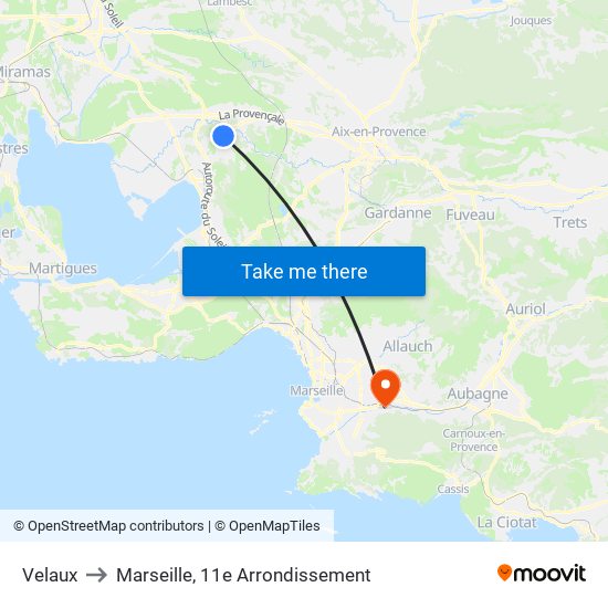 Velaux to Marseille, 11e Arrondissement map