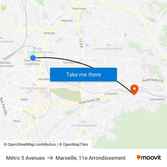 Métro 5 Avenues to Marseille, 11e Arrondissement map