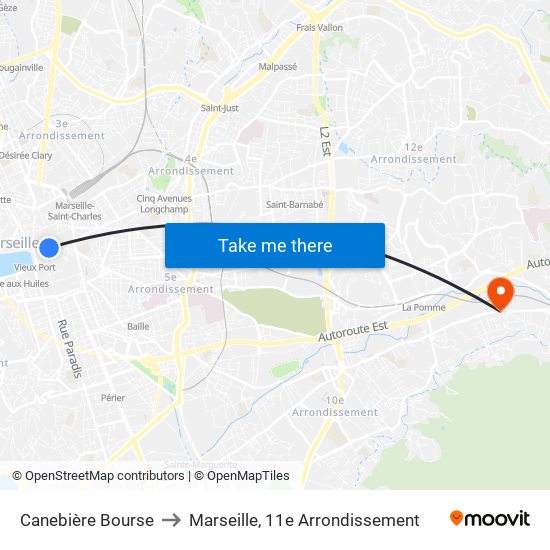 Canebière Bourse to Marseille, 11e Arrondissement map