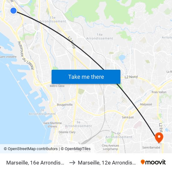 Marseille, 16e Arrondissement to Marseille, 12e Arrondissement map