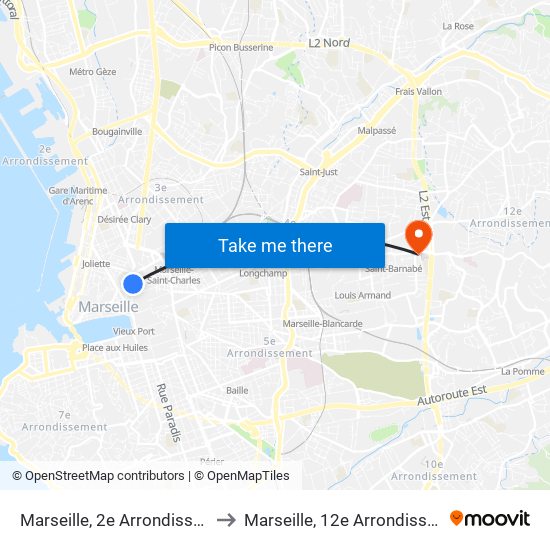 Marseille, 2e Arrondissement to Marseille, 12e Arrondissement map