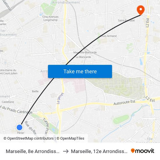 Marseille, 8e Arrondissement to Marseille, 12e Arrondissement map