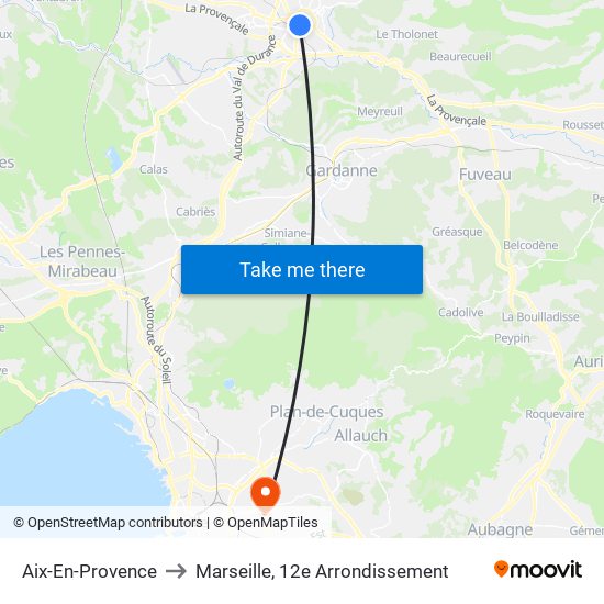 Aix-En-Provence to Marseille, 12e Arrondissement map
