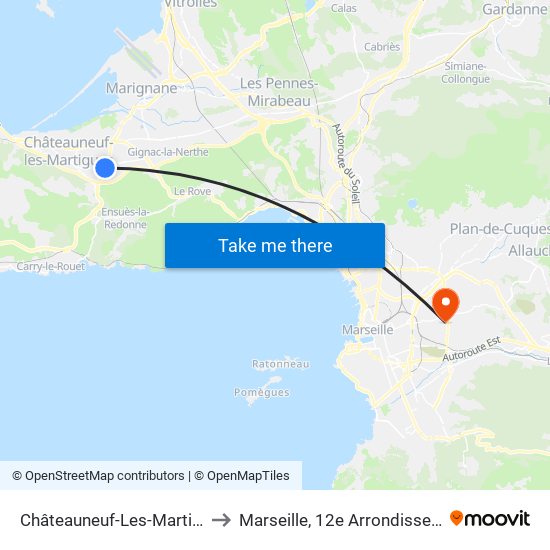 Châteauneuf-Les-Martigues to Marseille, 12e Arrondissement map