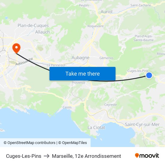 Cuges-Les-Pins to Marseille, 12e Arrondissement map