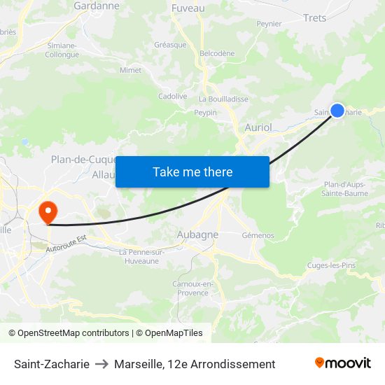 Saint-Zacharie to Marseille, 12e Arrondissement map