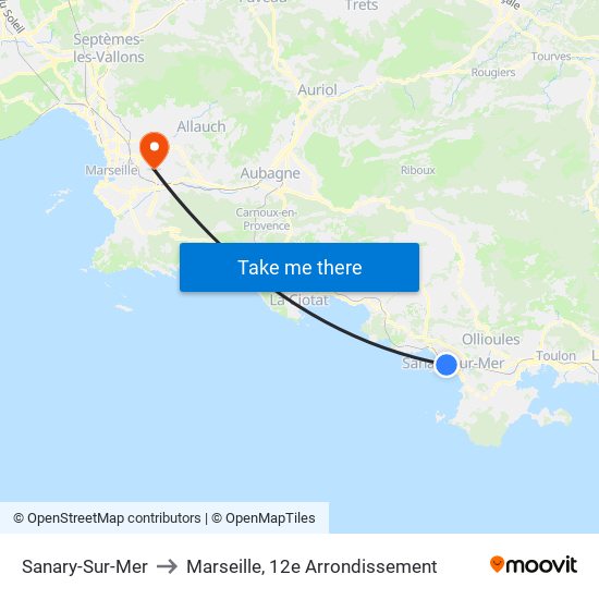 Sanary-Sur-Mer to Marseille, 12e Arrondissement map