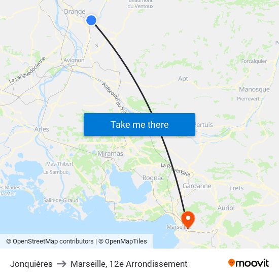 Jonquières to Marseille, 12e Arrondissement map