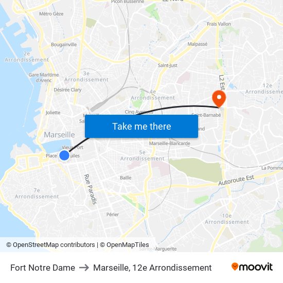 Fort Notre Dame to Marseille, 12e Arrondissement map