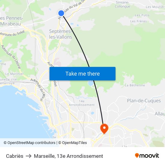 Cabriès to Marseille, 13e Arrondissement map