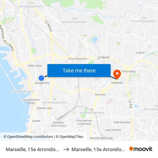Marseille, 15e Arrondissement to Marseille, 13e Arrondissement map