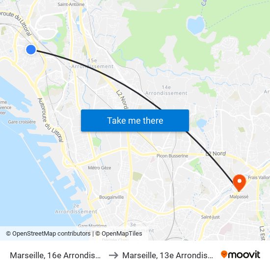 Marseille, 16e Arrondissement to Marseille, 13e Arrondissement map