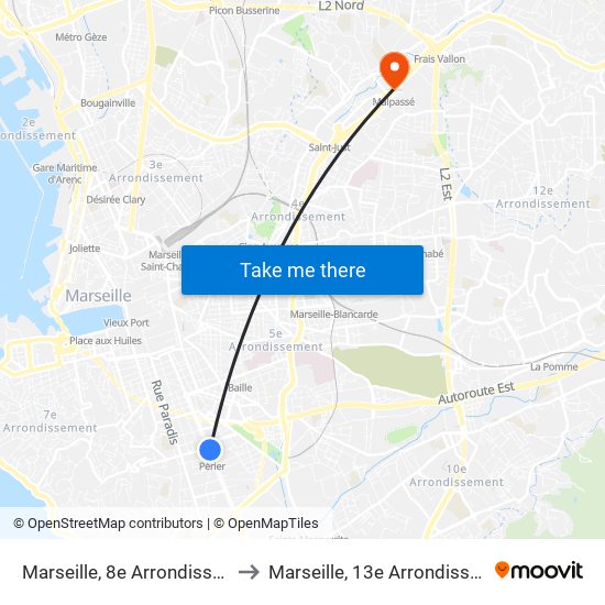Marseille, 8e Arrondissement to Marseille, 13e Arrondissement map
