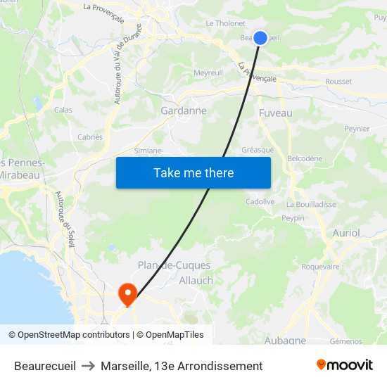 Beaurecueil to Marseille, 13e Arrondissement map