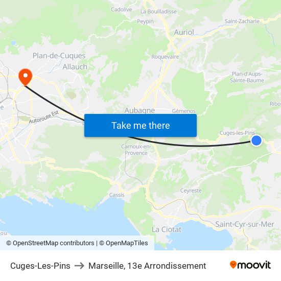 Cuges-Les-Pins to Marseille, 13e Arrondissement map