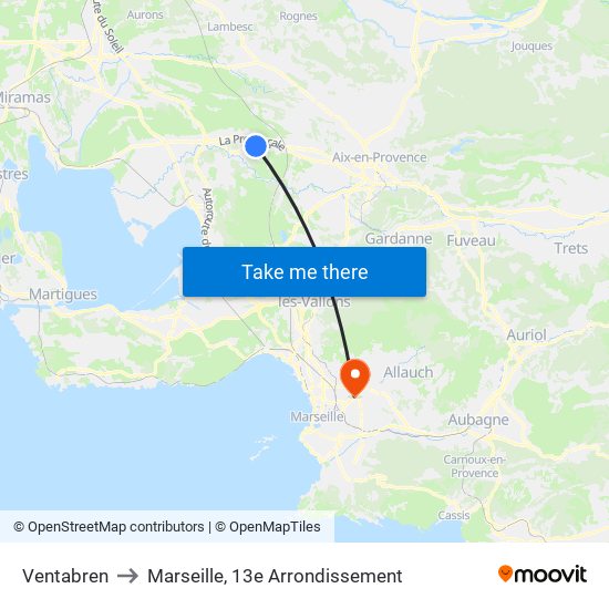 Ventabren to Marseille, 13e Arrondissement map