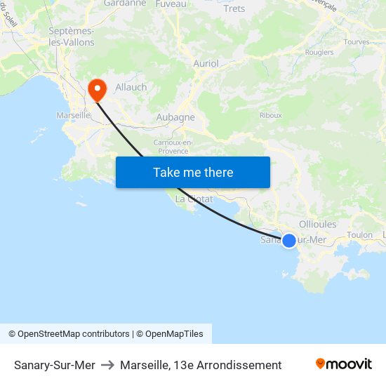 Sanary-Sur-Mer to Marseille, 13e Arrondissement map