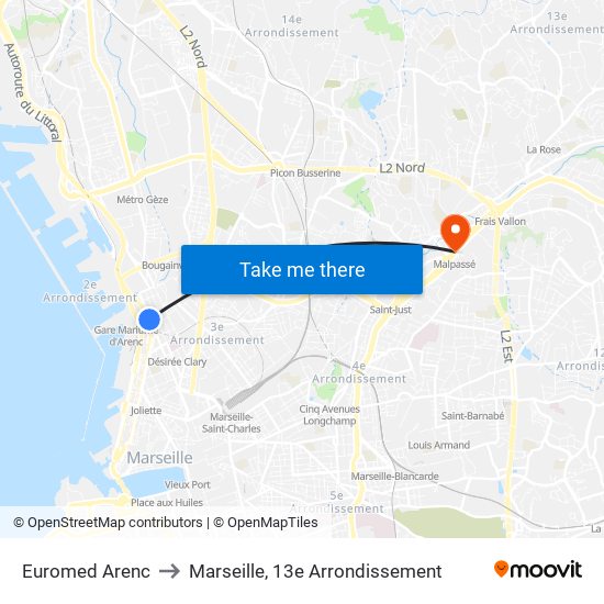 Euromed Arenc to Marseille, 13e Arrondissement map