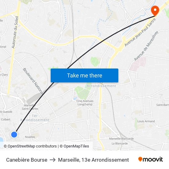 Canebière Bourse to Marseille, 13e Arrondissement map