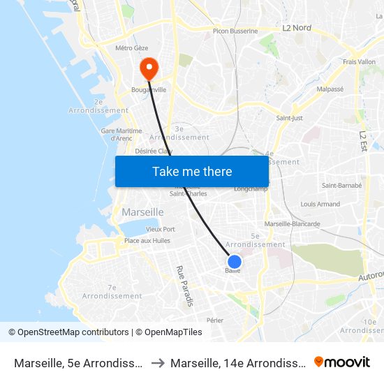 Marseille, 5e Arrondissement to Marseille, 14e Arrondissement map
