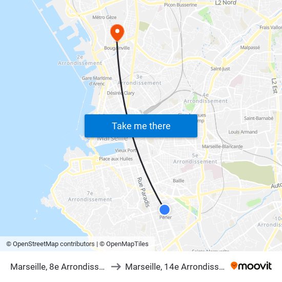 Marseille, 8e Arrondissement to Marseille, 14e Arrondissement map