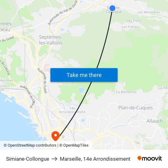 Simiane-Collongue to Marseille, 14e Arrondissement map