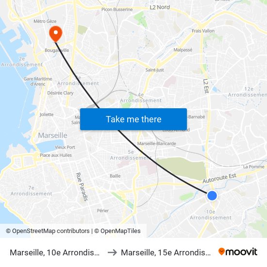 Marseille, 10e Arrondissement to Marseille, 15e Arrondissement map