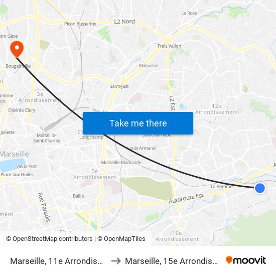 Marseille, 11e Arrondissement to Marseille, 15e Arrondissement map
