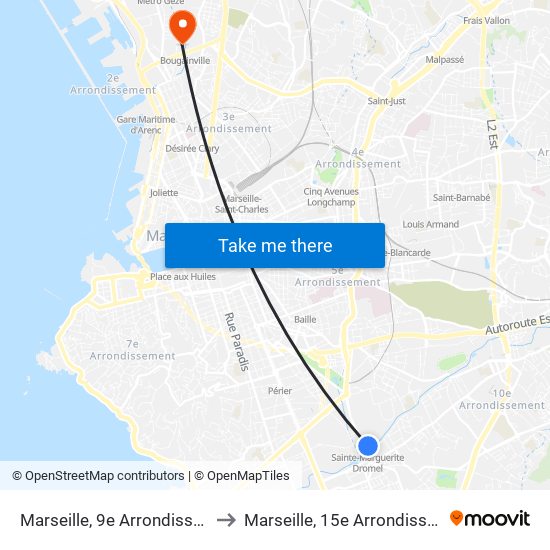 Marseille, 9e Arrondissement to Marseille, 15e Arrondissement map