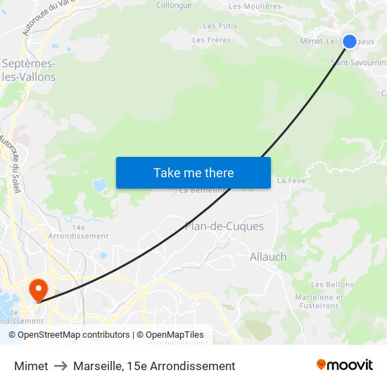 Mimet to Marseille, 15e Arrondissement map