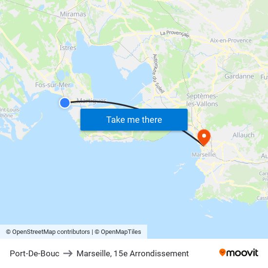 Port-De-Bouc to Marseille, 15e Arrondissement map