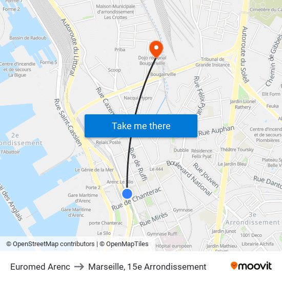 Euromed Arenc to Marseille, 15e Arrondissement map