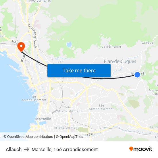 Allauch to Marseille, 16e Arrondissement map