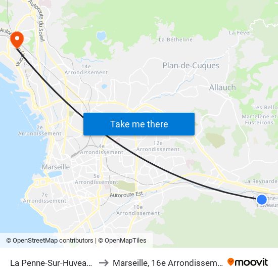 La Penne-Sur-Huveaune to Marseille, 16e Arrondissement map