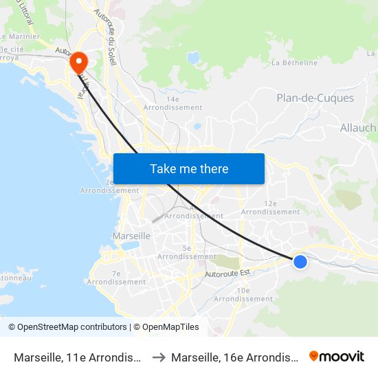 Marseille, 11e Arrondissement to Marseille, 16e Arrondissement map