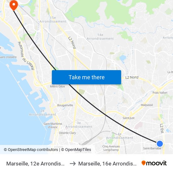 Marseille, 12e Arrondissement to Marseille, 16e Arrondissement map