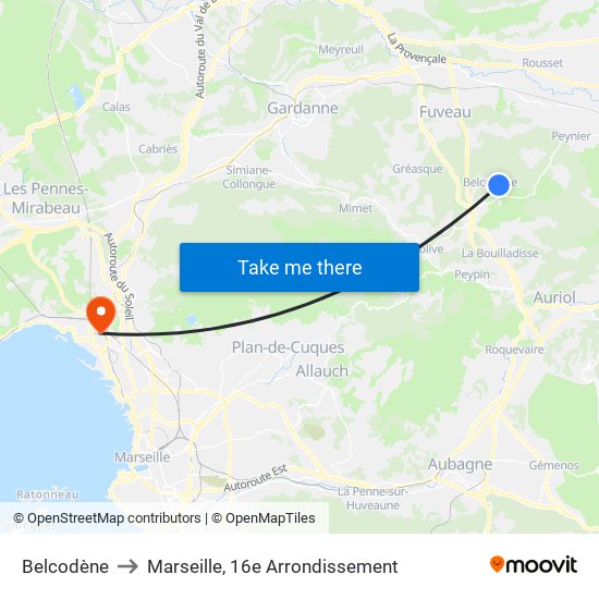 Belcodène to Marseille, 16e Arrondissement map