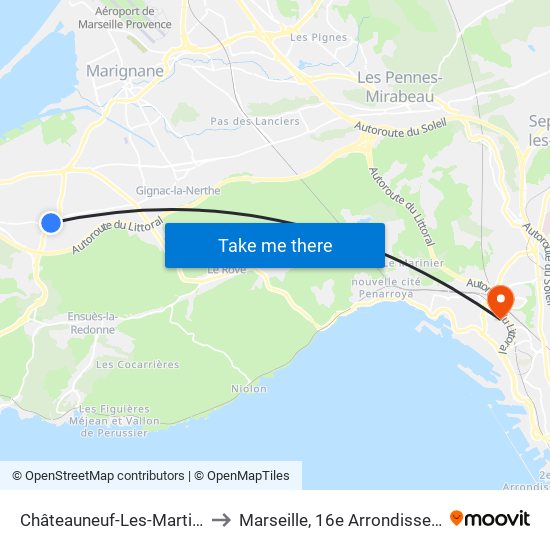 Châteauneuf-Les-Martigues to Marseille, 16e Arrondissement map
