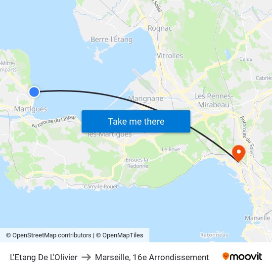 L'Etang De L'Olivier to Marseille, 16e Arrondissement map