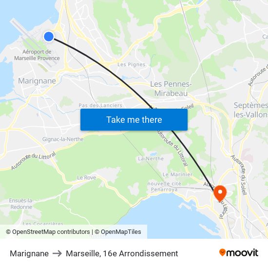 Marignane to Marseille, 16e Arrondissement map