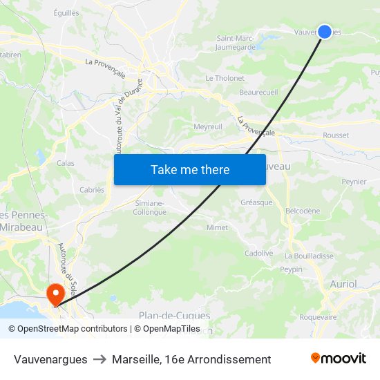 Vauvenargues to Marseille, 16e Arrondissement map