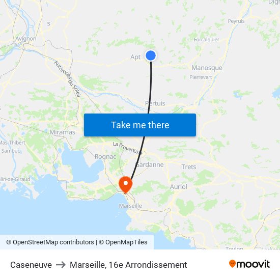 Caseneuve to Marseille, 16e Arrondissement map